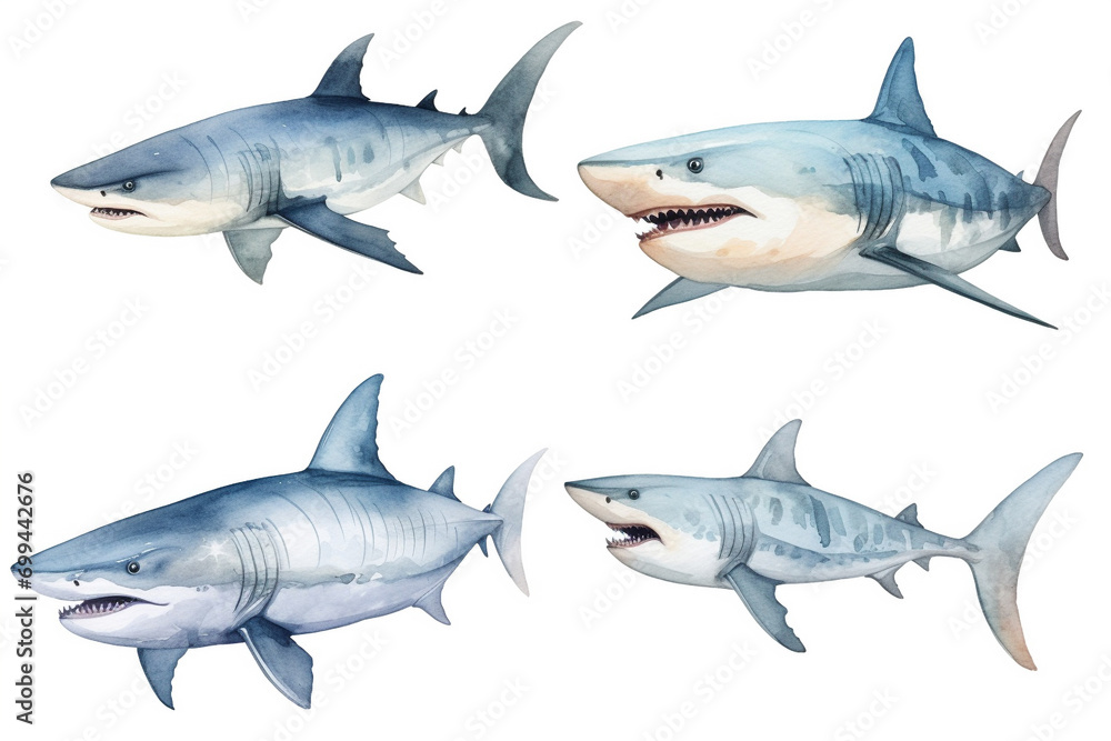 Obraz premium Set of watercolor paintings Shark fish on white background. 