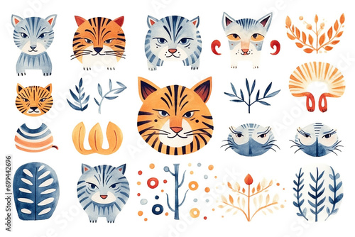 Set Of Watercolor paintings Tiger on white background. 