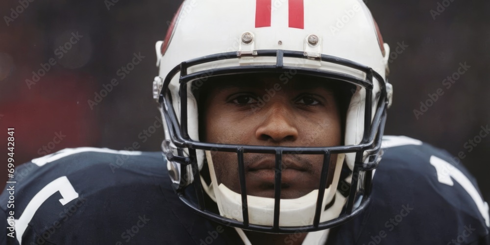 Close-up of American football player with a determined look. Empty blurred background.