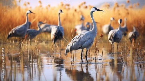 World Wetlands Day, Water Birds In River, Cranes Flock Of Demoiselle Cranes At River Grassland , World River Day, World Water Day, World Water Life Day, Sea Life, World, Animals Day, Birds Day,