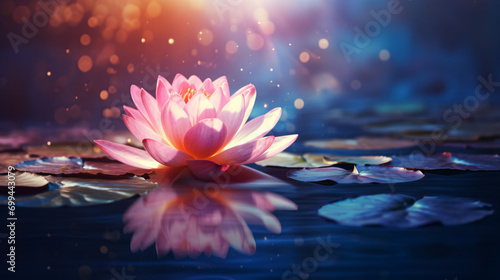 Waterlily or lotus flower in mourning lake in sunlight
