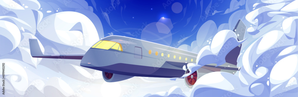 Passenger airplane flying high in sky above clouds against blue sky. Cartoon vector landscape with jet making flight deep in distance. Transport aviation and vacation travel services on aircraft. Passenger airplane flying high in sky above clouds against blue sky. Cartoon vector landscape with jet making flight deep in distance. Transport aviation and vacation travel services on aircraft.
