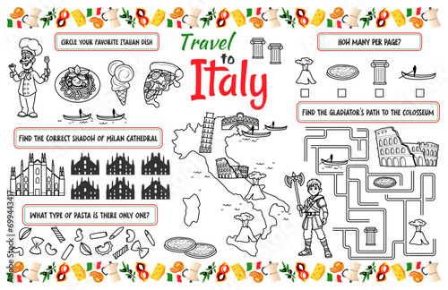 A fun holiday placemat for kids. Print out the “Travel to Italy” activity sheet with a labyrinth, find the differences, and find the same ones. 17x11 inch printable vector file photo
