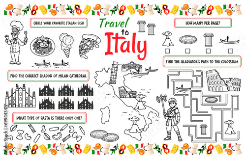 A fun holiday placemat for kids. Print out the “Travel to Italy” activity sheet with a labyrinth, find the differences, and find the same ones. 17x11 inch printable vector file