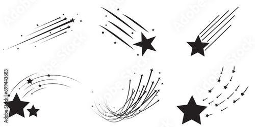 Shooting star. Shooting stars with tails icons, falling meteor, abstract fantasy galaxy element, decorative night sky object silhouette. Vector isolated set