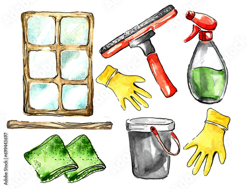 Set with a rectangular window in a wooden frame.Tools and cleaning products for washing. Gray bucket, aerosol in a bottle and green napkins, yellow gloves and a red scraper.Hand drawn watercolor paint