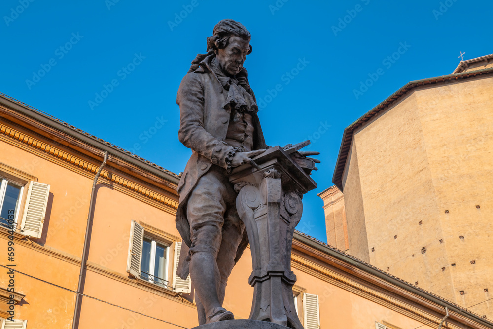 Obraz premium Bologna capital of the Emilia Romagna region urban architecture images historical buildings two towers Maggiore square San Petriono basilica