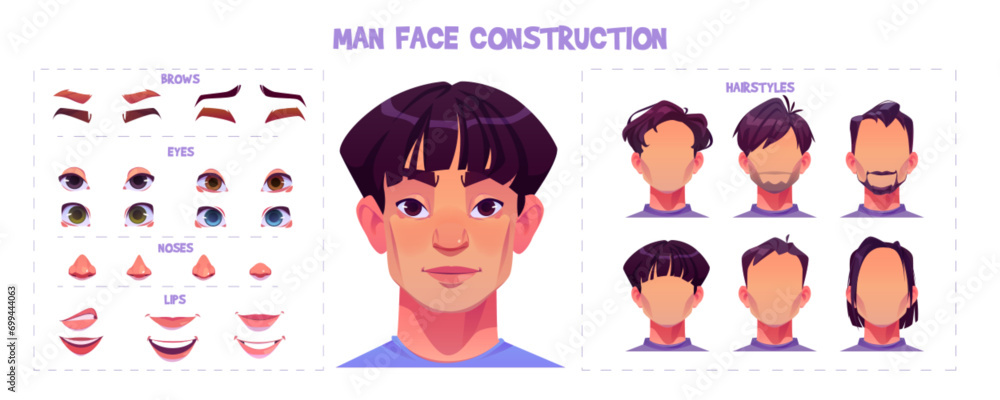 Young oriental man face construction kit. Cartoon vector illustration set of facial parts for creation male avatars with different emotions, noses and eyes, brows and hairstyles. Guy head generator. - obrazy, fototapety, plakaty 