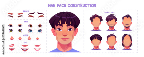Young oriental man face construction kit. Cartoon vector illustration set of facial parts for creation male avatars with different emotions, noses and eyes, brows and hairstyles. Guy head generator.