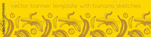 Plantains background for vector bananas banner template with sketch banana seamless pattern. Banana label backdrop. Plantains ornament. Yellow fruits.