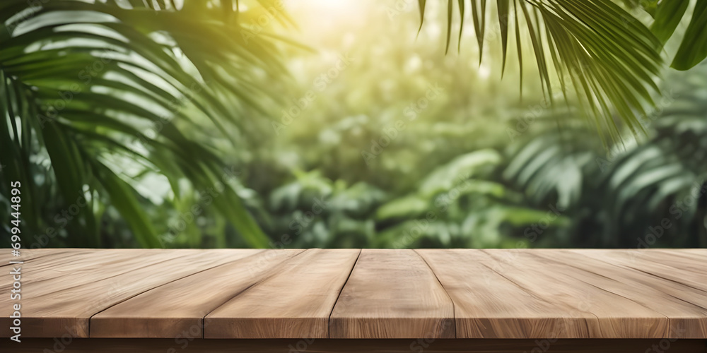 Empty wooden table in tropical forest for product presentation and green background. Empty wooden table in tropical forest for product presentation and green background.