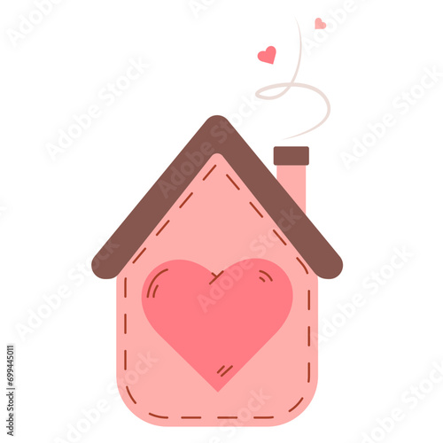 Pink house with a heart instead of windows isolated on white background.