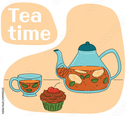 Vector illustration of tea party set, tea time made of tea pot, cups and muffin