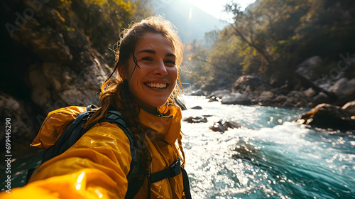 Hiker's Selfie by Mountain River. Generative AI