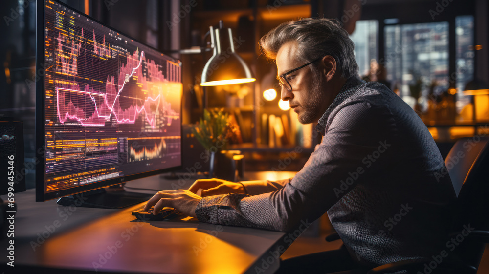 Businessman at work, processes information based on the results of trading on the stock market, processing and analysis of information, data is displayed on a computer monitor Businessman at work, processes information based on the results of trading on the stock market, processing and analysis of information, data is displayed on a computer monitor