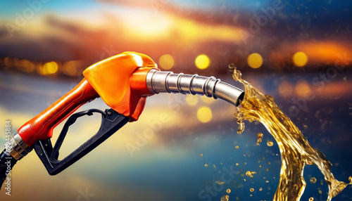 oil and gas pump nozzle, liquid flowing out, splashing liquid in the background blurred; petroleum and gasoline concept photo