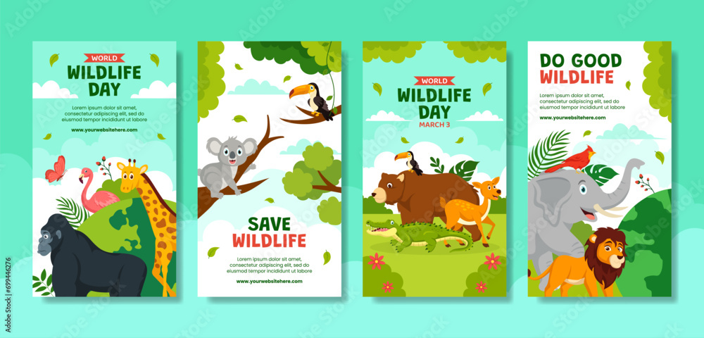 Fototapeta premium Wildlife Day Social Media Stories Flat Cartoon Hand Drawn Templates Background Illustration