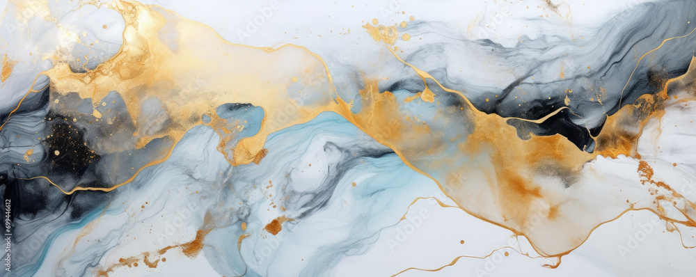 Abstract marble background, gray and white texture with thin gold veins.