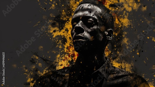 artistic depiction of mental struggle and inner turmoil. intense male portrait with monochromatic paint splashes for compelling editorial content