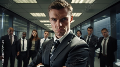 Executive in serious mood surrounded by businessmen in suits in corporate setting