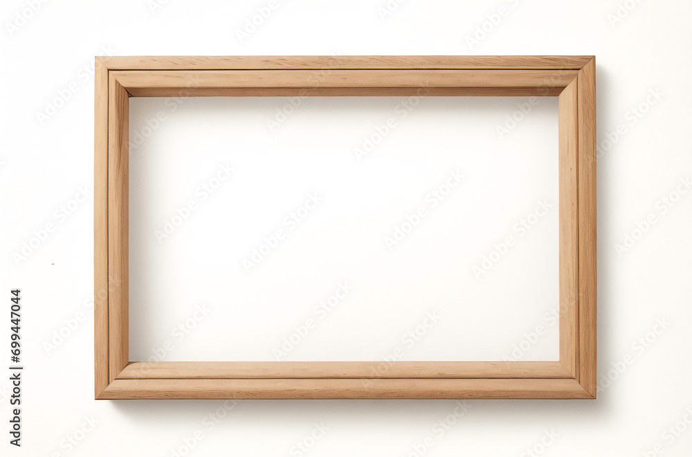 Leere hölzerne Bilderrahmen-Attrappe isoliert auf transparentem Hintergrund, horizontale Landschaftsgrafik-Vorlage für Foto, Bild, Bild, Wandkunst, Text, Zitat. Rahmen aus hellem Eichenholz.