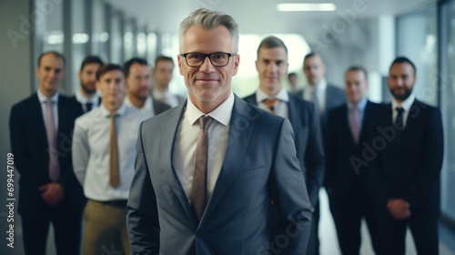 Successful businessman with friendly smile in business suit surrounded by professional colleagues in office.