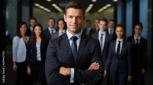 Happy businessman with friendly smile in business suit poses with team in office.