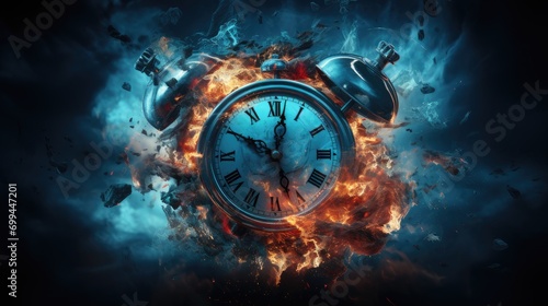 explosive moment captured with burning clock and floating fragments. artistic image symbolizing time passing, historical moments, and urgent deadlines for editorial use