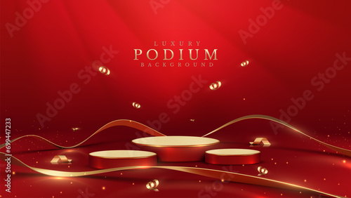 Red product display stand with gold ribbon and glittering light effect decorations. Red luxury background.