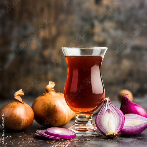 medicinal onion juice/syrup in a glass with raw onions. selective focus photo