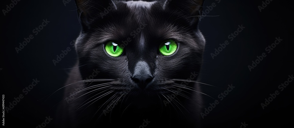 A black cat with green eyes staring at the camera from a close distance.