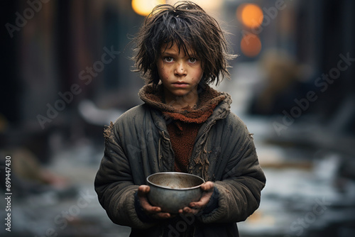 Portrait of a poor staring hungry orphan boy in a refugee camp with a sad expression on face full of struggling. Holds empty bowl plate. War social crisis problem issue help charity donation concept photo