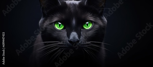 A black cat with green eyes staring at the camera from a close distance. photo