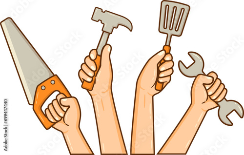 Raise Hands Holding Labor Tools, Labor Day Equipment