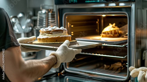 Chef taking out rack with cake, from oven, closeup. AI Generative photo