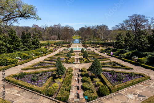 Beautiful view at the flower bed cascade in the Fort Worth Botanical Garden in springtime
