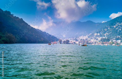 Nainital Lake and the Nainital City from the waters 