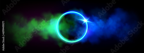 Neon luminous ring frame with blue and green gradient cloud or smoke and sparkle. Realistic vector led light circle with glowing fog on dark background. Magic futuristic surreal game portal with haze