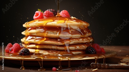 Stack of lush pancakes on plate drizzled with jam and raspberries and blueberries