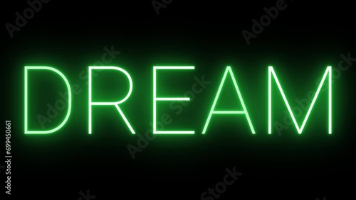 Flickering neon green glowing dream text animated on black background