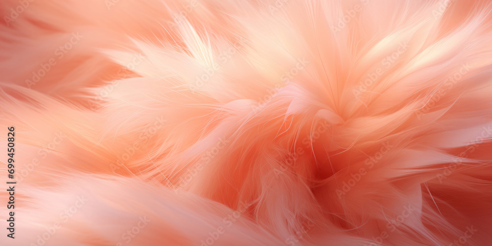 Peach colored fur close-up, fashionable trendy texture.Color of the year 2024 - Peach Fuzz.