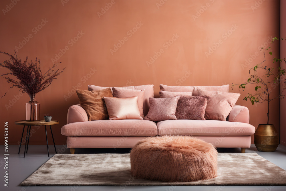 Fototapeta premium Room interior. Sofa with pillows against the wall. Room design in trendy colors 2024. Color of the year 2024 - Peach Fuzz.