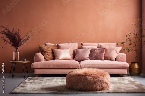 Room interior. Sofa with pillows against the wall. Room design in trendy colors 2024. Color of the year 2024 - Peach Fuzz. photo