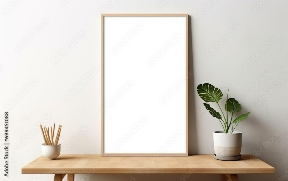 Blank wooden picture frame mockup on off white wall in modern interior. Vertical artwork template mock up for artwork, painting, photo or poster in interior design with green plants. AI Generative. Blank wooden picture frame mockup on off white wall in modern interior. Vertical artwork template mock up for artwork, painting, photo or poster in interior design with green plants. AI Generative.