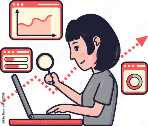 Data Analyst Character, Female Accountant Making Annual Report on Computer
