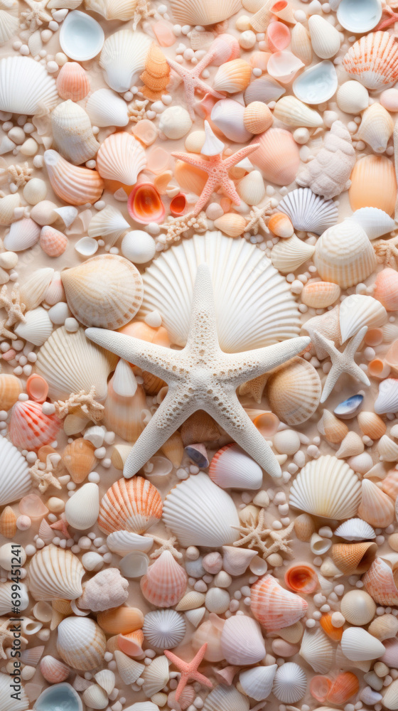 A variety of colorful seashells and starfish arranged on sandy texture, showcasing marine diversity. A variety of colorful seashells and starfish arranged on sandy texture, showcasing marine diversity.