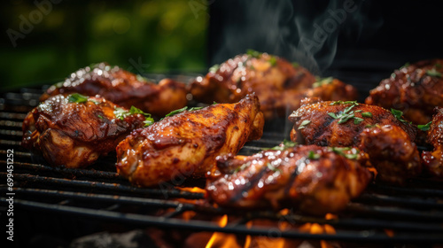 Close-up of barbecue chicken being grilled to perfection on a barbecue with an open flame, garnished with herbs.