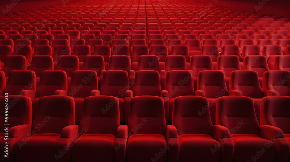 Fototapeta premium An empty cinema theater filled with red seats, presenting a neat arrangement of seating rows awaiting an audience.