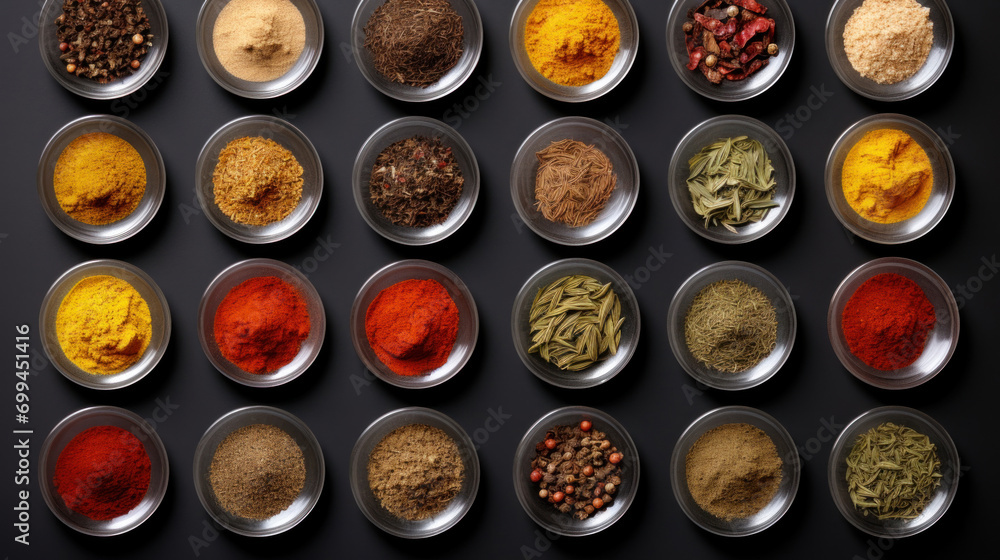 An overhead view of various spices in small bowls, displayed on a dark background, offering a palette of flavors and colors. An overhead view of various spices in small bowls, displayed on a dark background, offering a palette of flavors and colors.