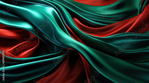Elegant waves of red and green satin fabric with a smooth, shiny texture creating an abstract luxurious background.